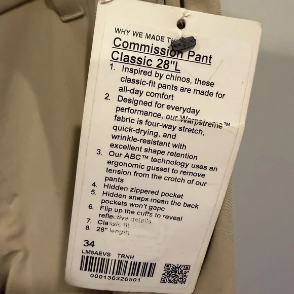 NWT Lululemon Athletica Men's Commission Pant Classic 28’ LL Size 34 - Picture 10 of 10